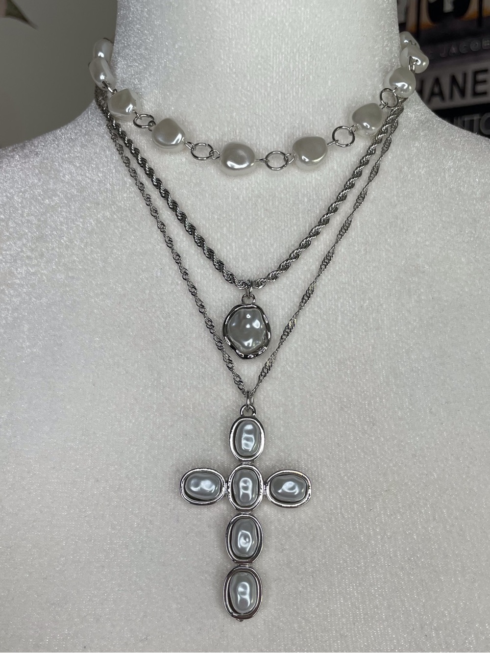 Layered Silver Pearl Cross Necklace - White